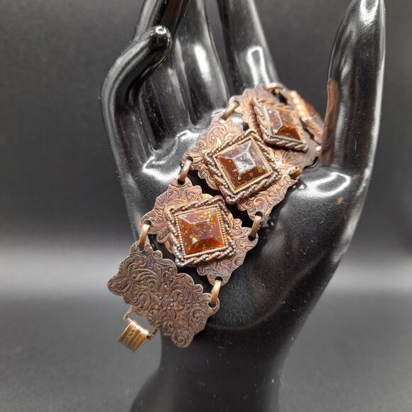 Vintage Copper Glass Etched Bracelet, Speckled Glass, 7" - Picture 9 of 9